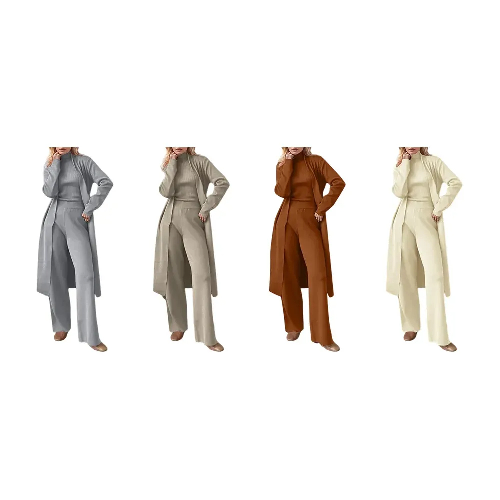 Three-Piece Set - Knit Turtleneck Tank & Wide Leg Pants With Long Cardigan