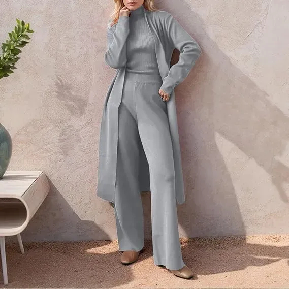 Three-Piece Set - Knit Turtleneck Tank & Wide Leg Pants With Long Cardigan