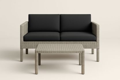 Canapé et Table Basse en Rotin Synthétique Gris avec Coussins Noirs-Nordlinea