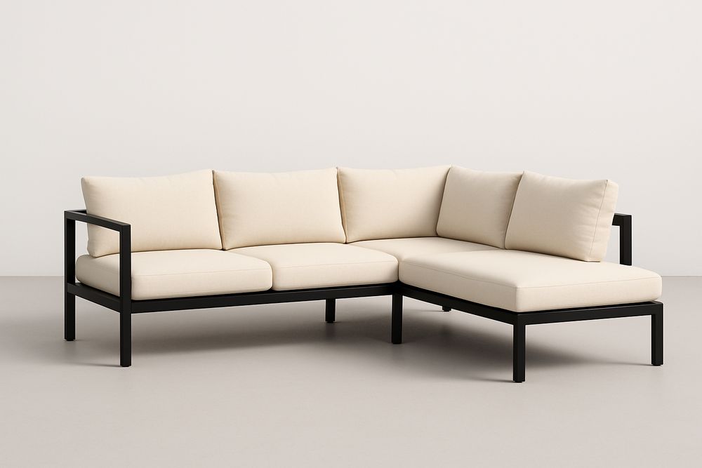 Canapé d'angle en métal noir avec coussins en tissu beige-Nordlinea
