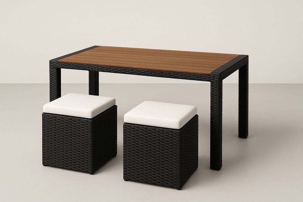 Table rectangulaire en résine tressée noire et bois avec tabourets-Nordlinea