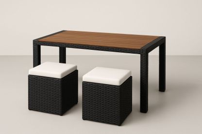Table rectangulaire en résine tressée noire et bois avec tabourets-Nordlinea