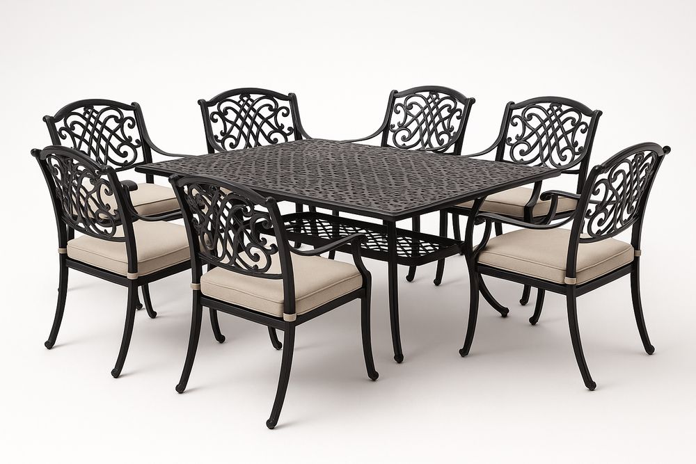 Table de jardin rectangulaire en métal noir avec 7 chaises à coussins-Nordlinea