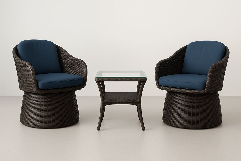 Ensemble de jardin en rotin marron avec coussins bleus, 2 fauteuils et table en verre-Nordlinea