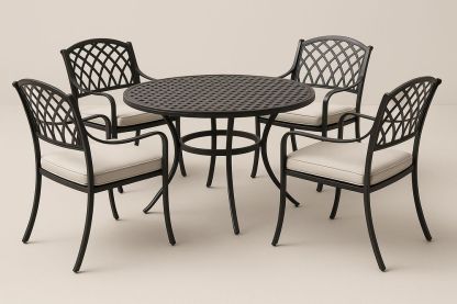 Ensemble de Salle à Manger Extérieur en Métal Noir avec Coussins Beiges-Nordlinea