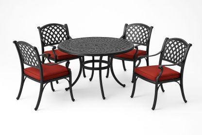 Ensemble table ronde et chaises en métal noir avec coussins rouges-Nordlinea