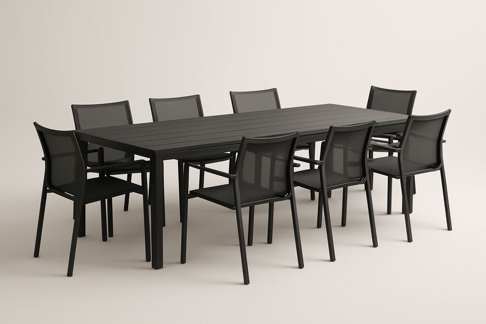 Ensemble extérieur en aluminium noir avec 8 chaises en textile 230x100 cm-Nordlinea
