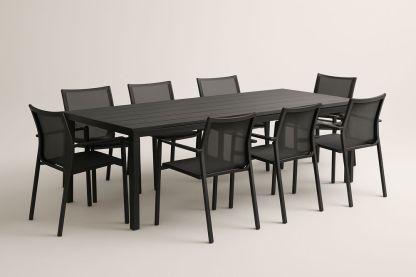Ensemble extérieur en aluminium noir avec 8 chaises en textile 230x100 cm-Nordlinea