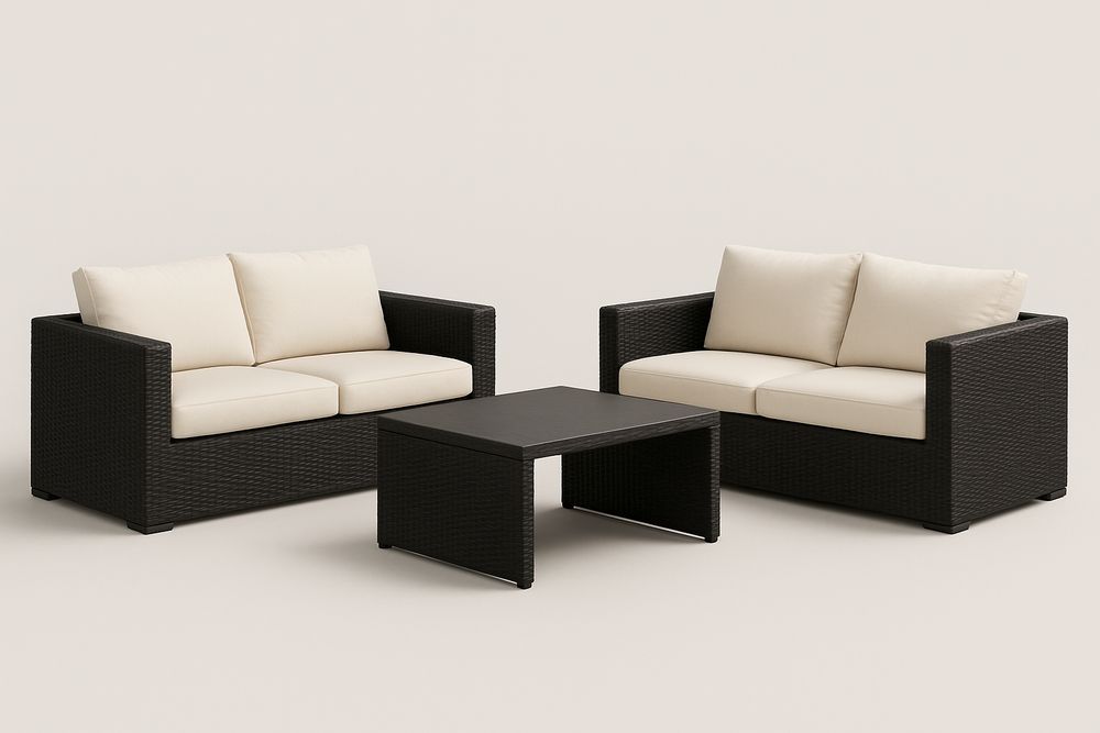 Ensemble de Salon de Jardin en Résine Tressée Noir avec Coussins Crème-Nordlinea