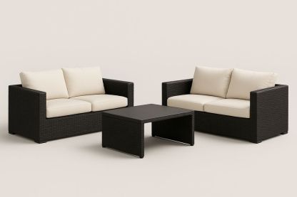 Ensemble de Salon de Jardin en Résine Tressée Noir avec Coussins Crème-Nordlinea