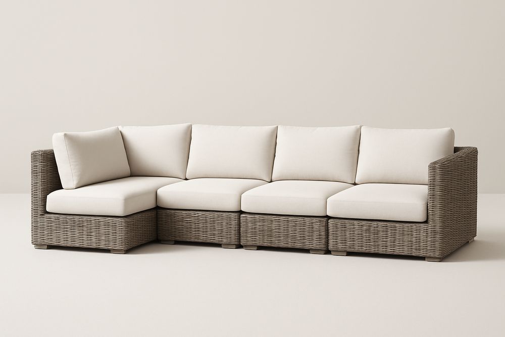 Canapé modulable en résine tressée marron et tissu beige-Nordlinea