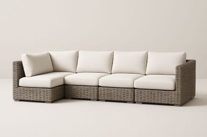 Canapé modulable en résine tressée marron et tissu beige-Nordlinea