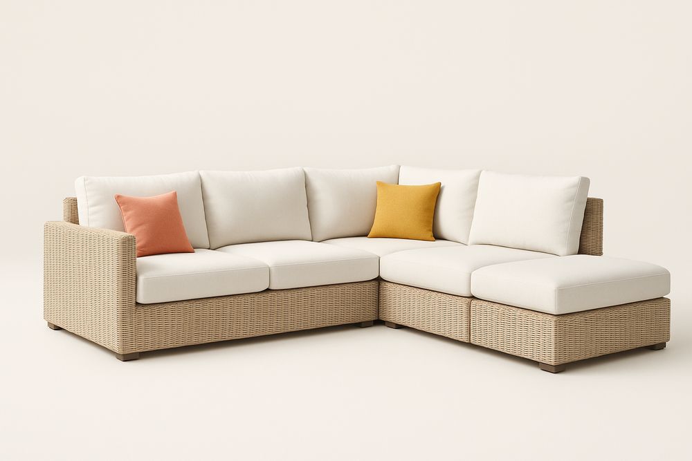 Canapé d'angle en rotin avec coussins en polyester crème, orange et moutarde-Nordlinea