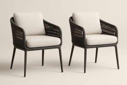 Chaises en Résine Tressée Noire avec Coussins en Polyester Beige-Nordlinea
