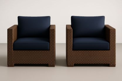 Fauteuil extérieur en résine tressée marron avec coussins bleu foncé-Nordlinea