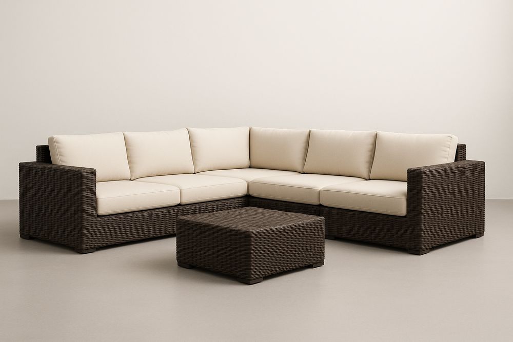 Canapé d'angle en résine tressée et table basse avec coussins crème-Nordlinea