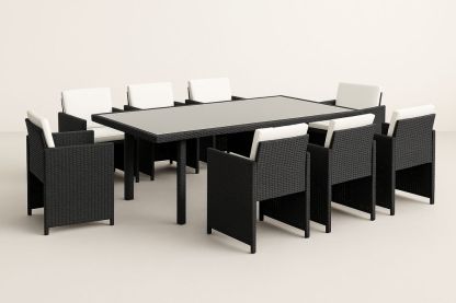 Ensemble Table Jardin Rectangulaire en Polyrotin Noir avec 8 Chaises et Coussins Blancs-Nordlinea