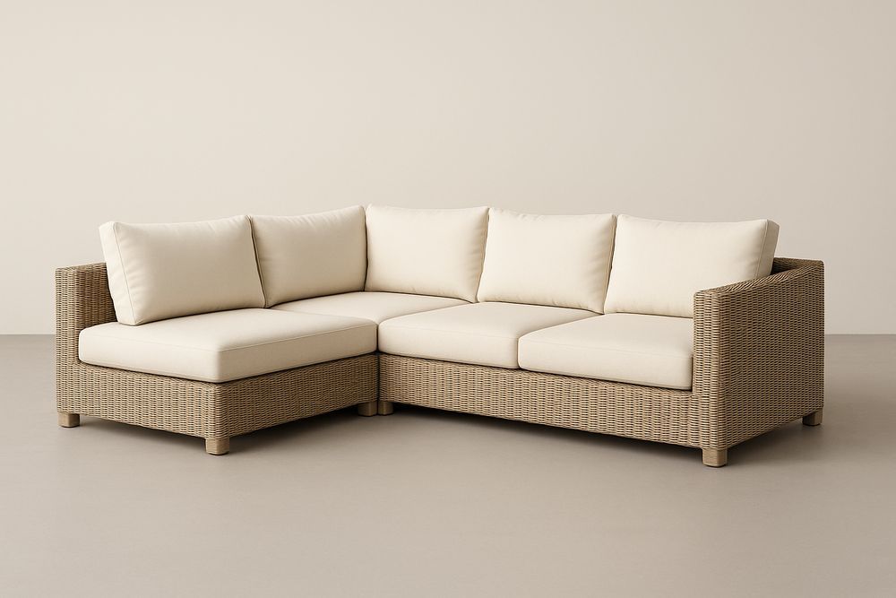 Canapé d'angle modulable en plastique imitation rotin marron avec coussins crèmes-Nordlinea