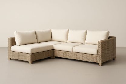 Canapé d'angle modulable en plastique imitation rotin marron avec coussins crèmes-Nordlinea