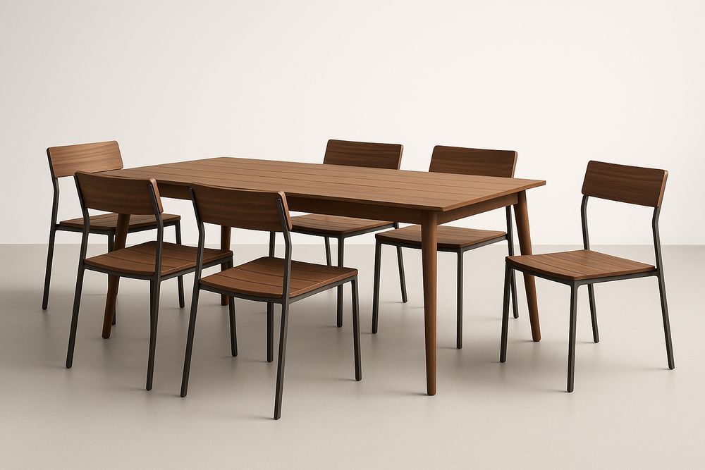 Table à manger rectangulaire en bois et métal avec 6 chaises brunes-Nordlinea