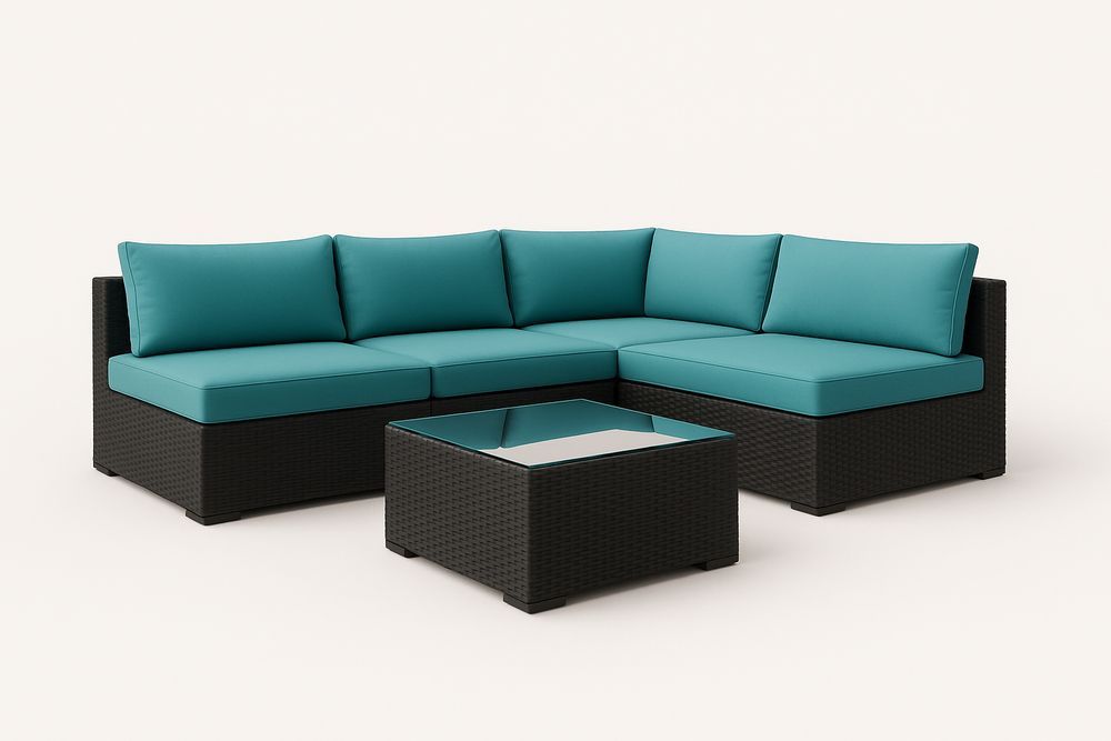 Ensemble de canapé d'angle en résine tressée avec table basse en verre, coussins bleus-Nordlinea