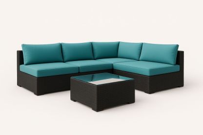 Ensemble de canapé d'angle en résine tressée avec table basse en verre, coussins bleus-Nordlinea