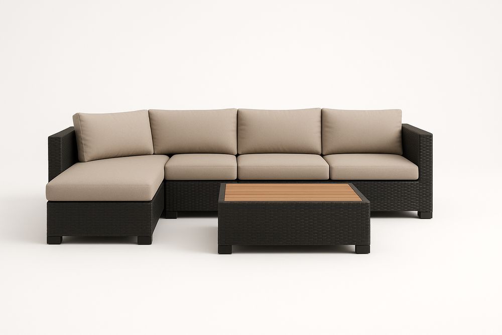 Salon de jardin d'angle en résine tressée noire avec coussins beige et plateau de table en bois-Nordlinea