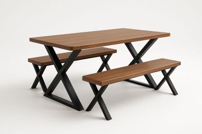 Table à manger en bois brun avec bancs en métal noir-Nordlinea