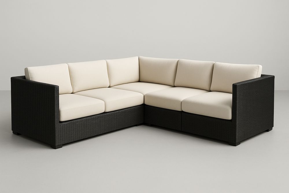 Canapé d'angle extérieur résine tressée noir coussins crème 3 places-Nordlinea