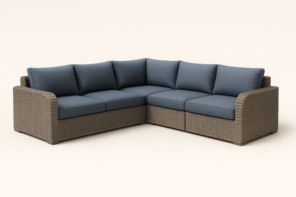 Canapé d'angle en résine tressée avec coussins en polyester 300x220 cm Gris/Bleu-Nordlinea