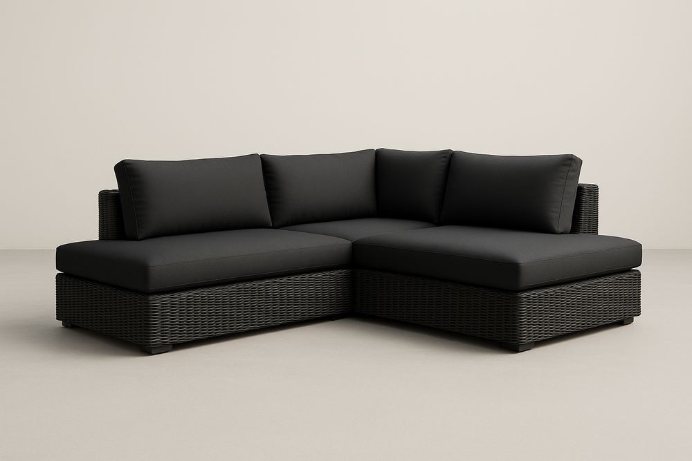 Canapé sectionnel en résine tressée noire avec coussins en polyester pour extérieur-Nordlinea