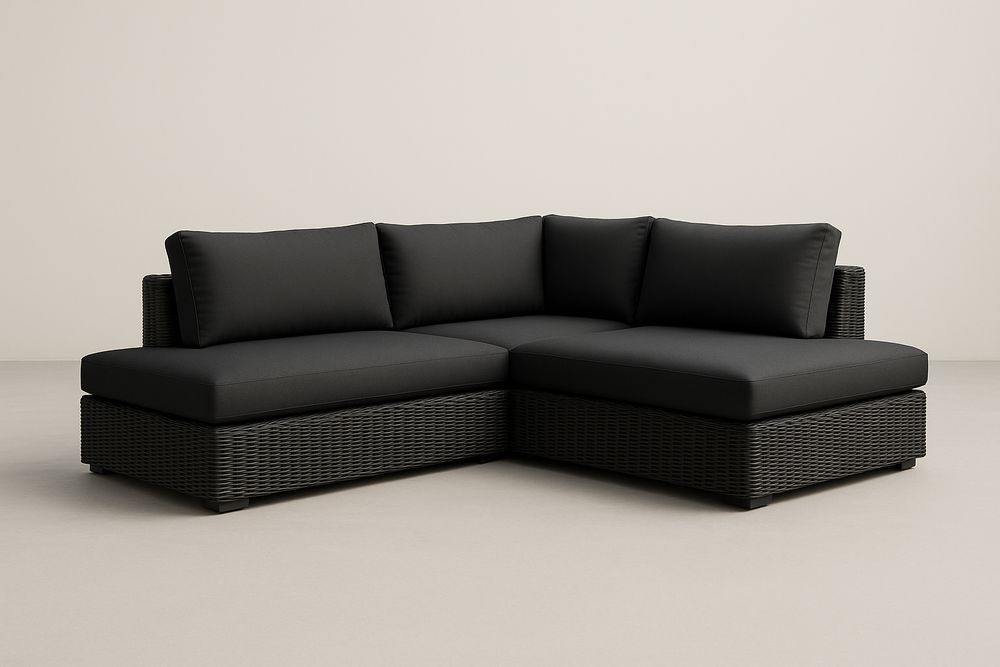 Canapé sectionnel en résine tressée noire avec coussins en polyester pour extérieur-Nordlinea