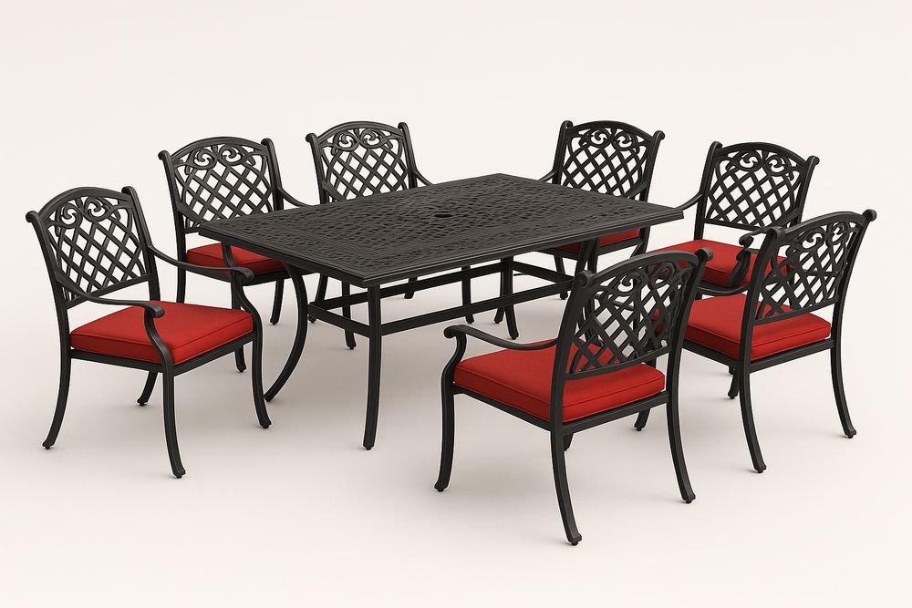 Ensemble de salle à manger extérieur en aluminium noir avec coussins rouges-Nordlinea