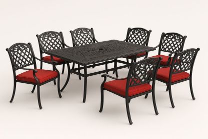 Ensemble de salle à manger extérieur en aluminium noir avec coussins rouges-Nordlinea