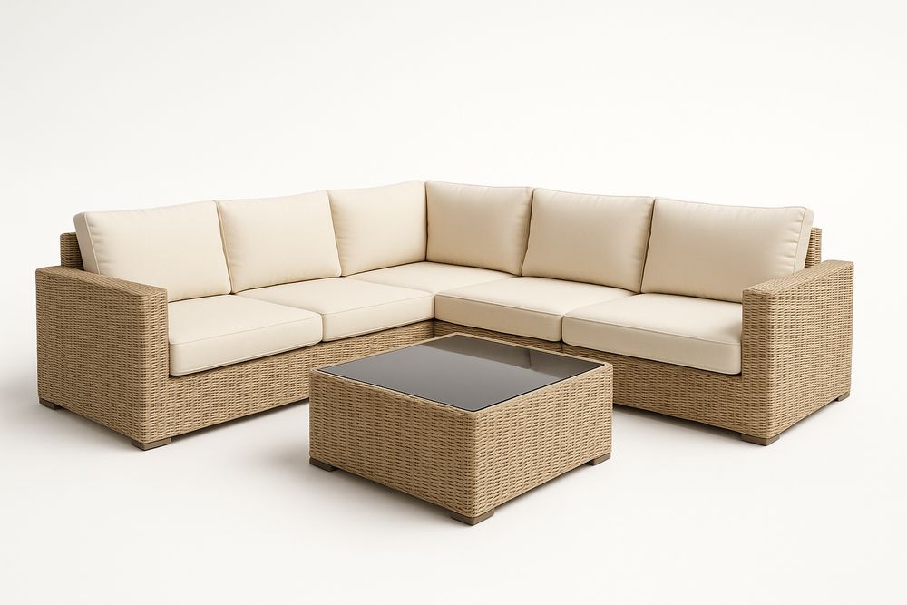 Canapé d'angle en résine tressée avec coussins crèmes et table basse en verre-Nordlinea