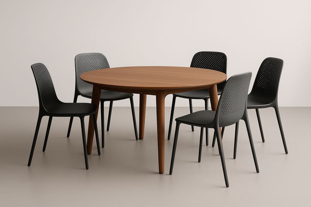 Table en bois marron et chaises en plastique noir, ensemble 6 pièces-Nordlinea