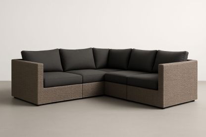 Canapé d'angle modulable en résine tressée marron avec coussins gris-Nordlinea