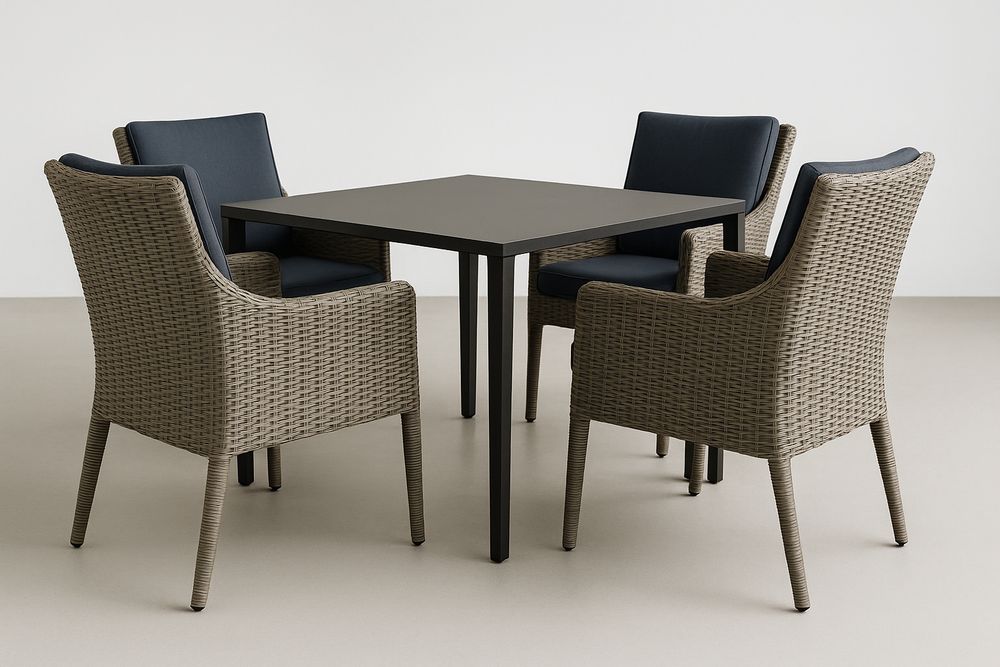 Table carrée en aluminium avec 4 chaises en rotin synthétique et coussins en polyester-Nordlinea