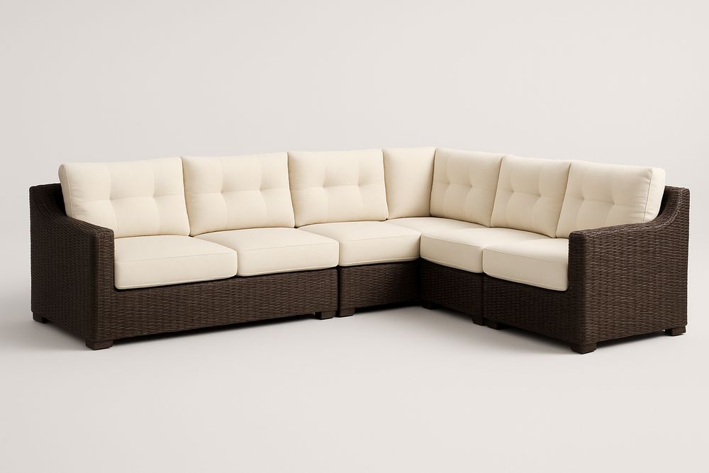 Canapé d'angle modulable en résine tressée brun avec coussins crème-Nordlinea