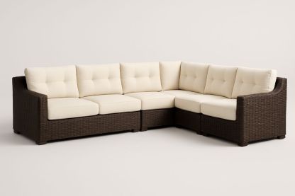 Canapé d'angle modulable en résine tressée brun avec coussins crème-Nordlinea