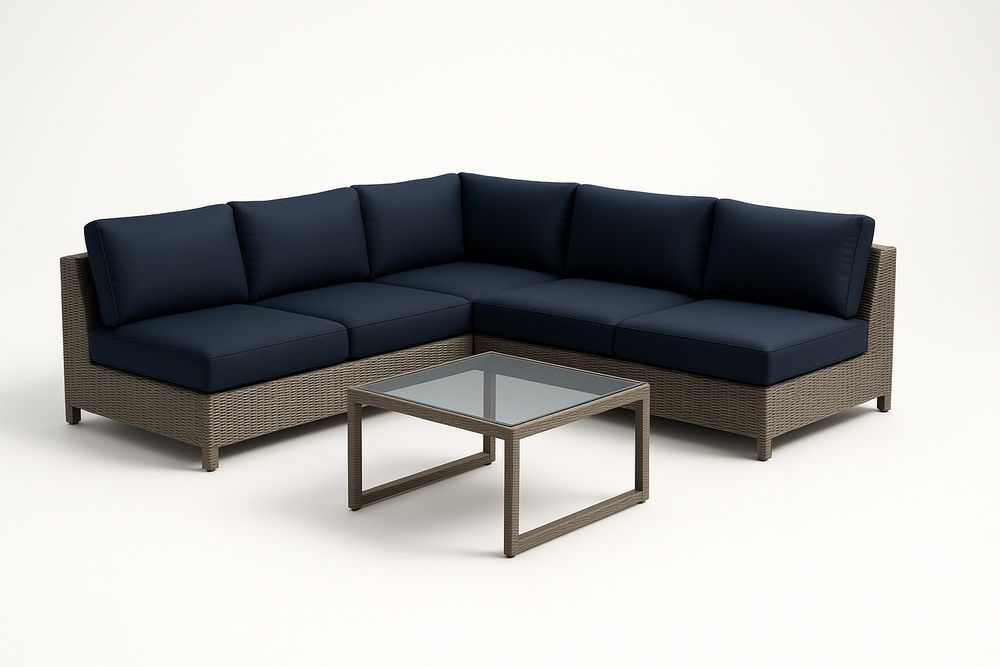 Ensemble de canapé d'angle modulable en rotin synthétique marron avec coussins bleu-Nordlinea