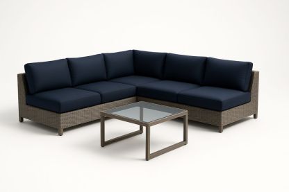 Ensemble de canapé d'angle modulable en rotin synthétique marron avec coussins bleu-Nordlinea