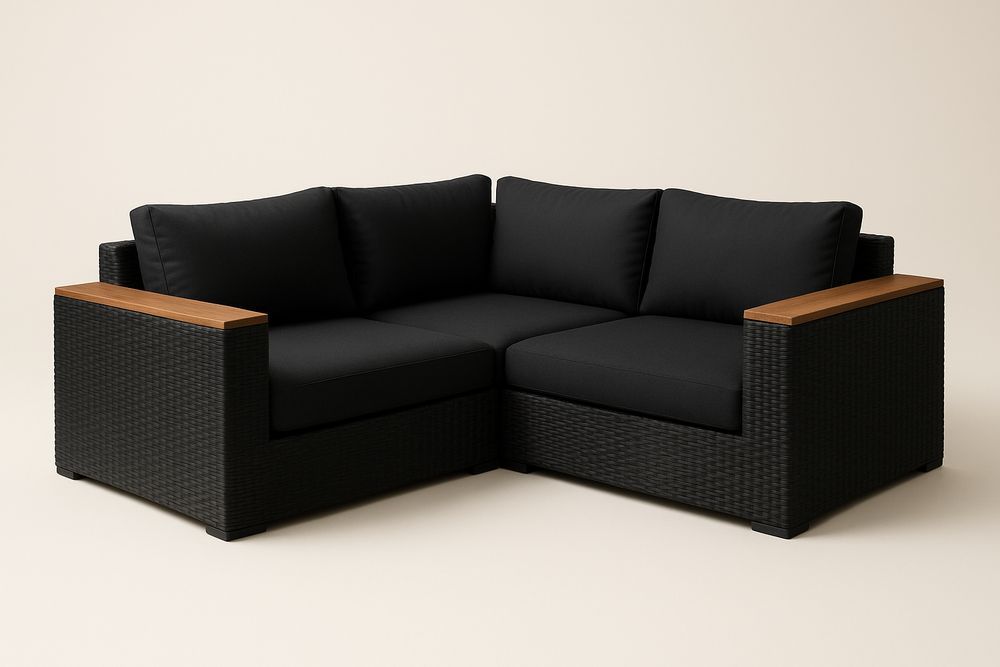 Canapé d'angle extérieur en résine tressée noir avec accoudoirs bois et coussins polyester-Nordlinea