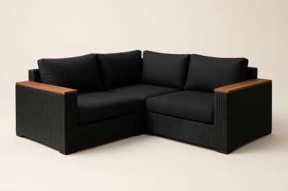 Canapé d'angle extérieur en résine tressée noir avec accoudoirs bois et coussins polyester-Nordlinea