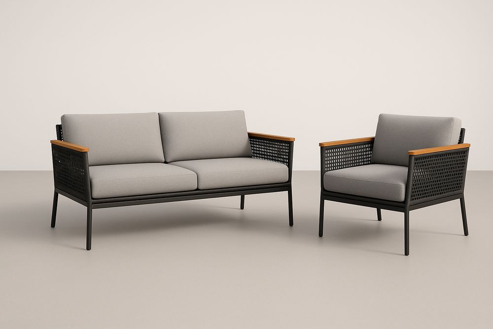 Ensemble de salon en résine tressée noir avec coussins gris et accoudoirs en bois-Nordlinea