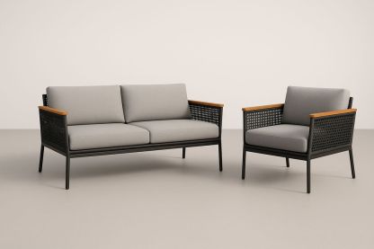 Ensemble de salon en résine tressée noir avec coussins gris et accoudoirs en bois-Nordlinea