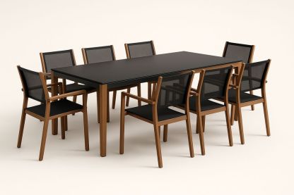 Ensemble de salle à manger en bois et tissu noir 9 pièces-Nordlinea