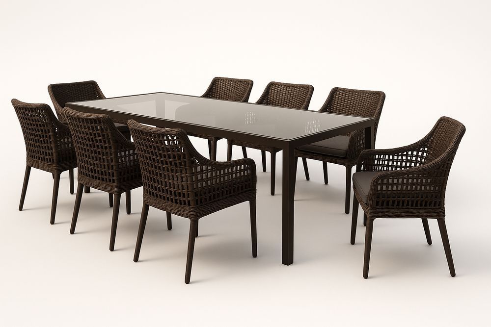 Table en verre brun avec 8 chaises en rotin-Nordlinea