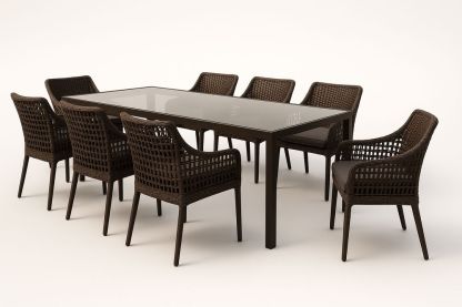 Table en verre brun avec 8 chaises en rotin-Nordlinea