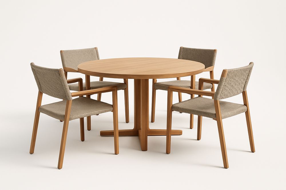 Table en bois avec 4 chaises en tissu beige-Nordlinea